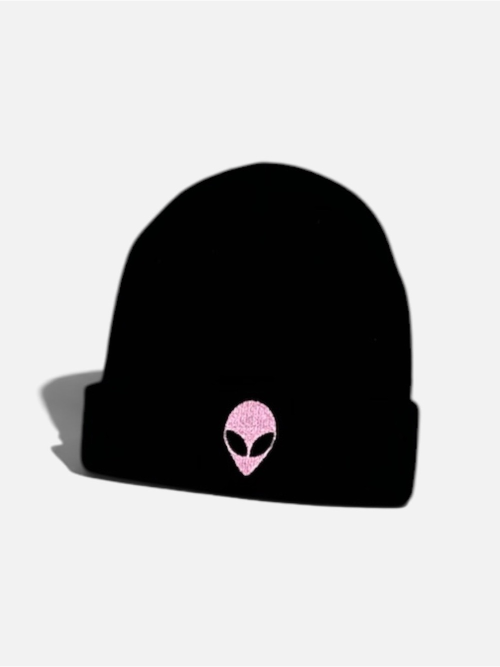 Adika Black Beanie with Pink Alien Embroidered Patch Y2K Alt Streetwear